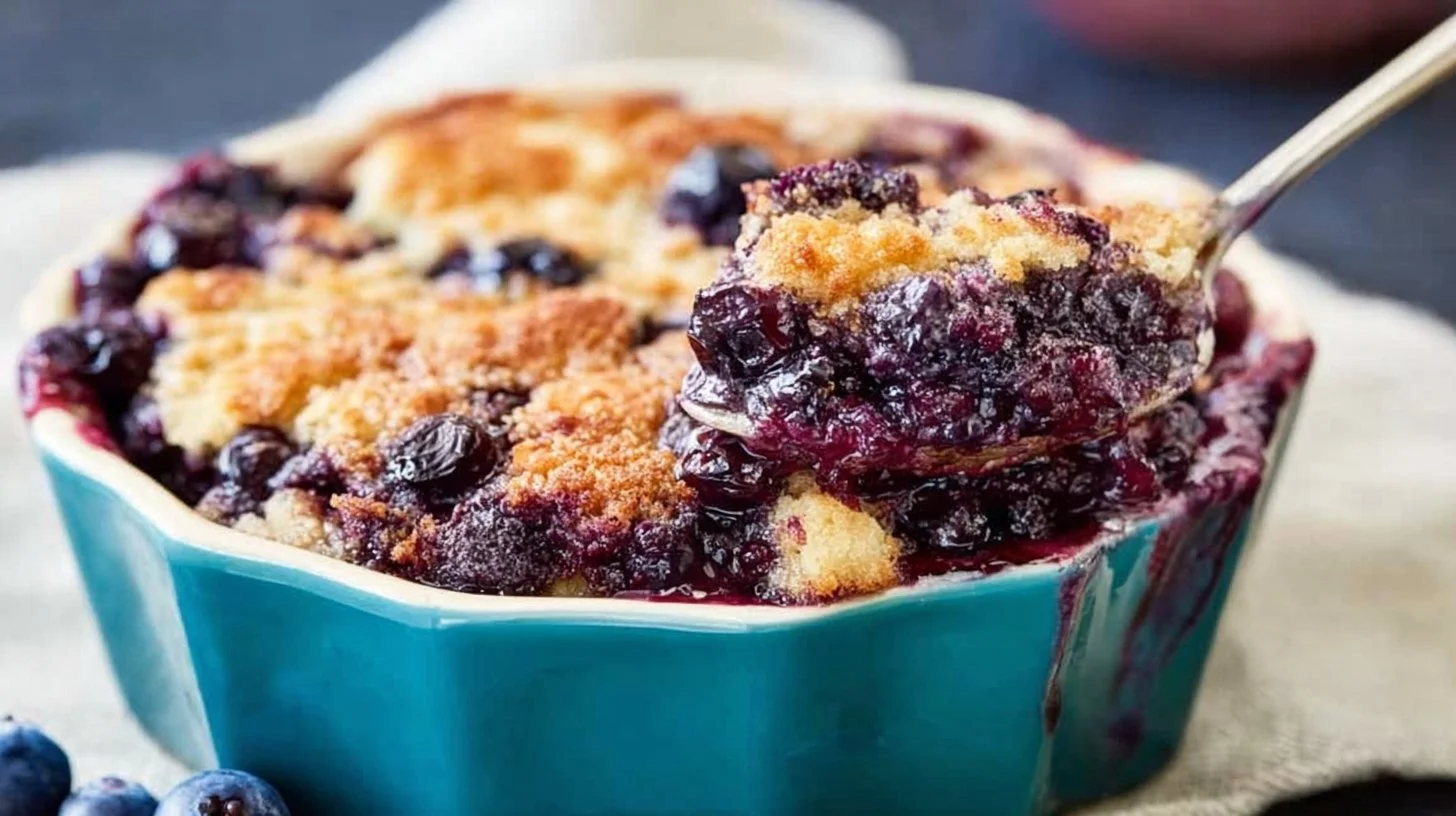 Delicious blueberry dump cake served in a bowl, ready to enjoy.