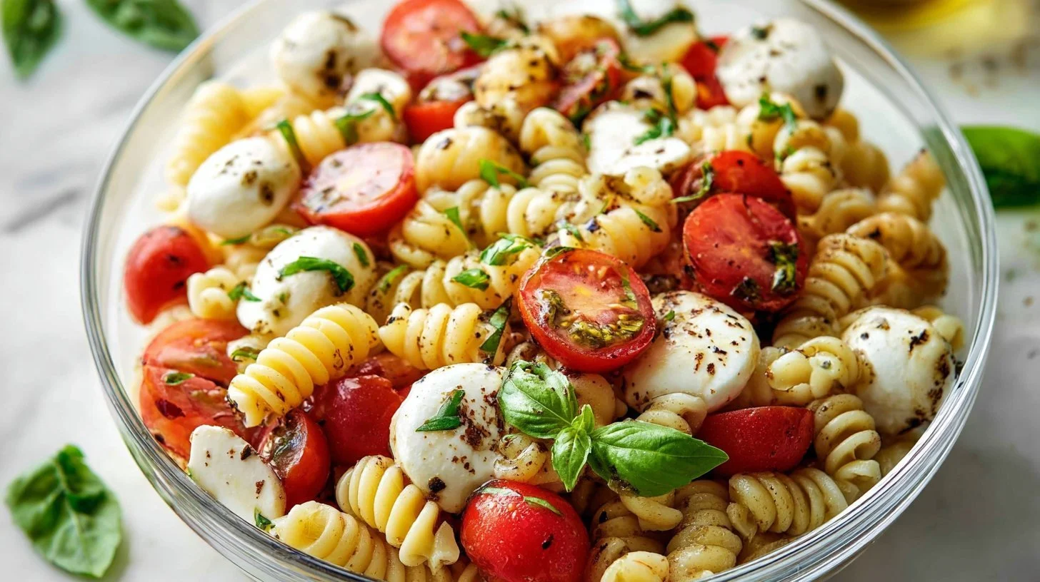 Delicious Caprese Pasta Salad with fresh tomatoes, mozzarella, and basil