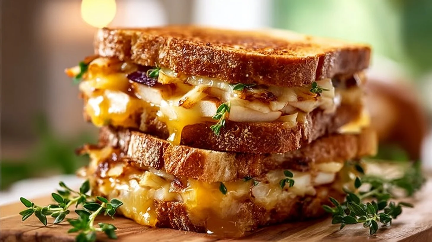 Cheddar sandwich with honey and apple on a plate, showcasing sweet-savory flavors.