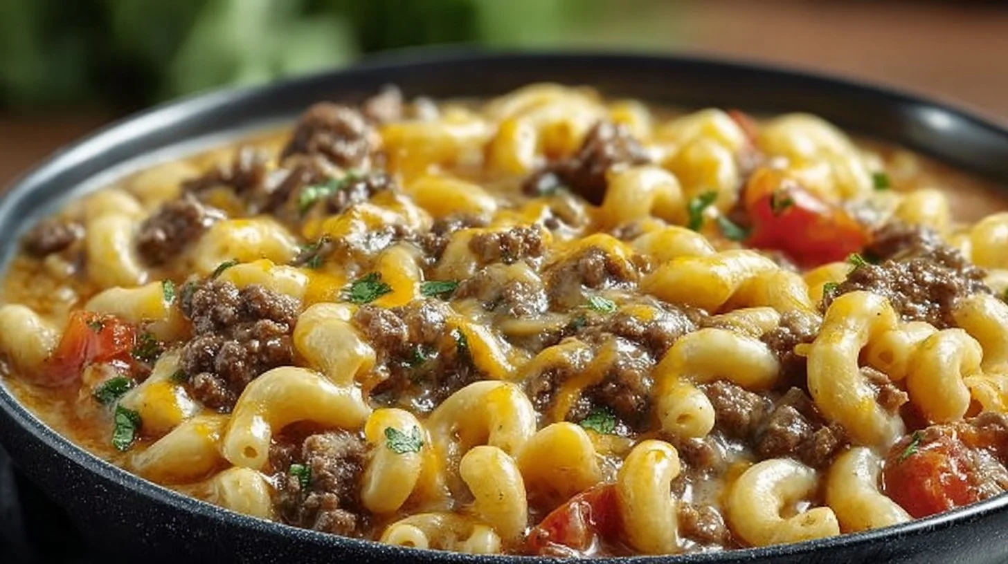 Bowl of cheeseburger macaroni soup garnished with herbs and cheese.