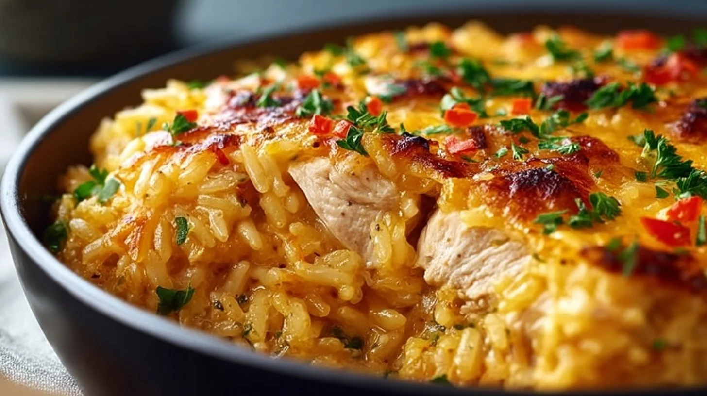 Cheesy chicken and rice casserole served in a baking dish for a quick weeknight dinner