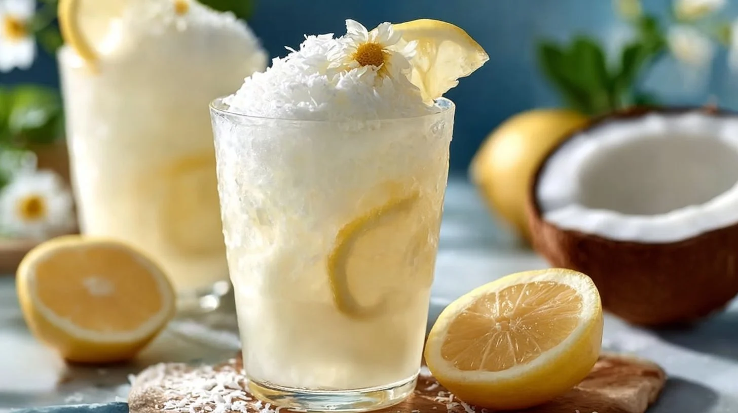 Coconut lemonade served in a glass with lemon slices and a tropical background