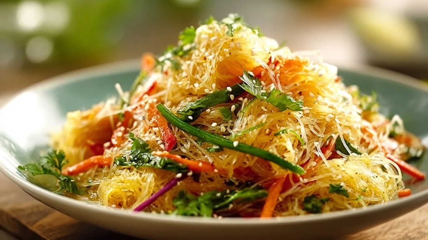 Fresh and colourful cold Thai vermicelli salad served in a bowl