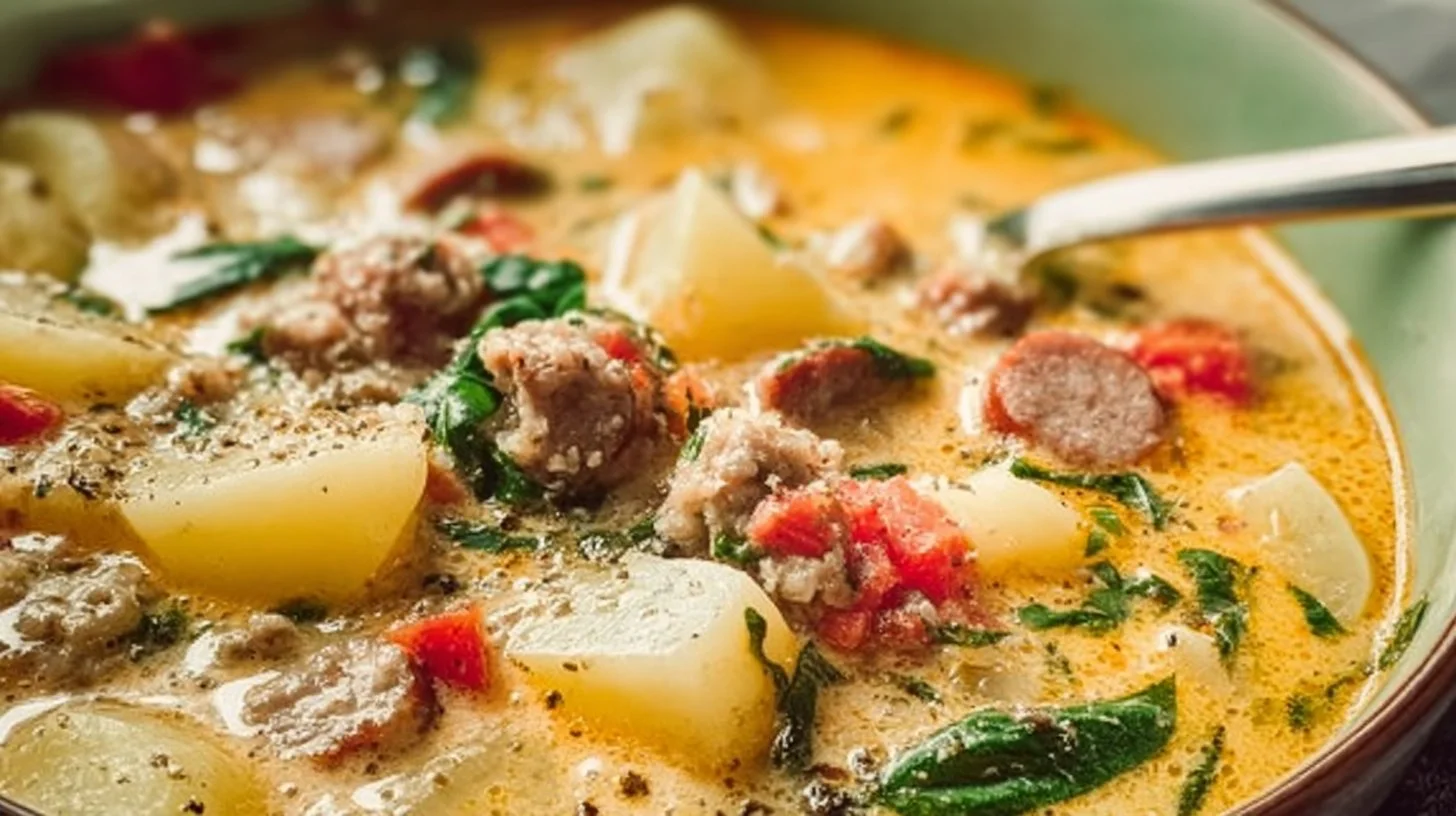 Bowl of creamy sausage and potato soup with herbs and fresh bread