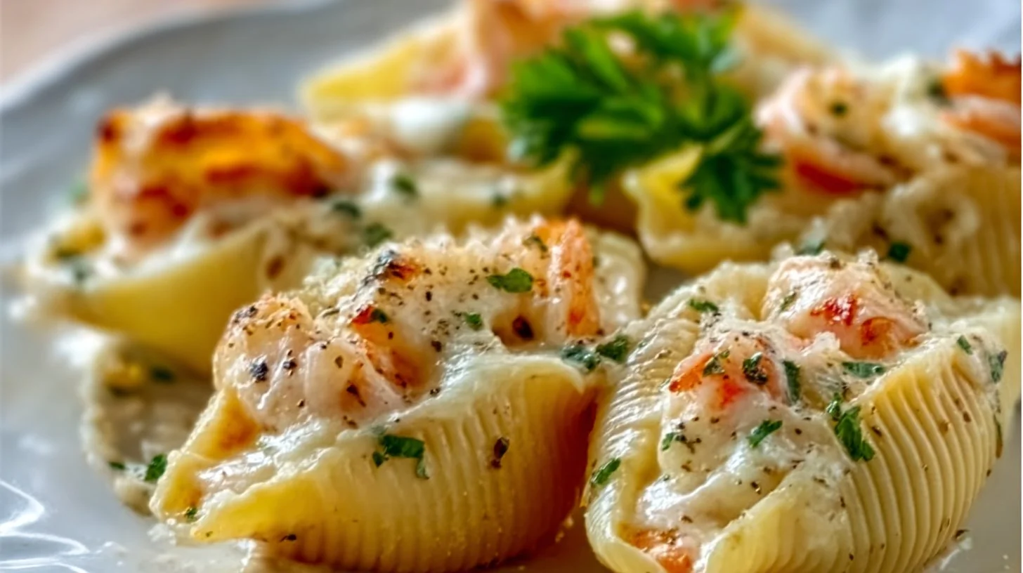 Delicious creamy seafood stuffed shells served on a plate.