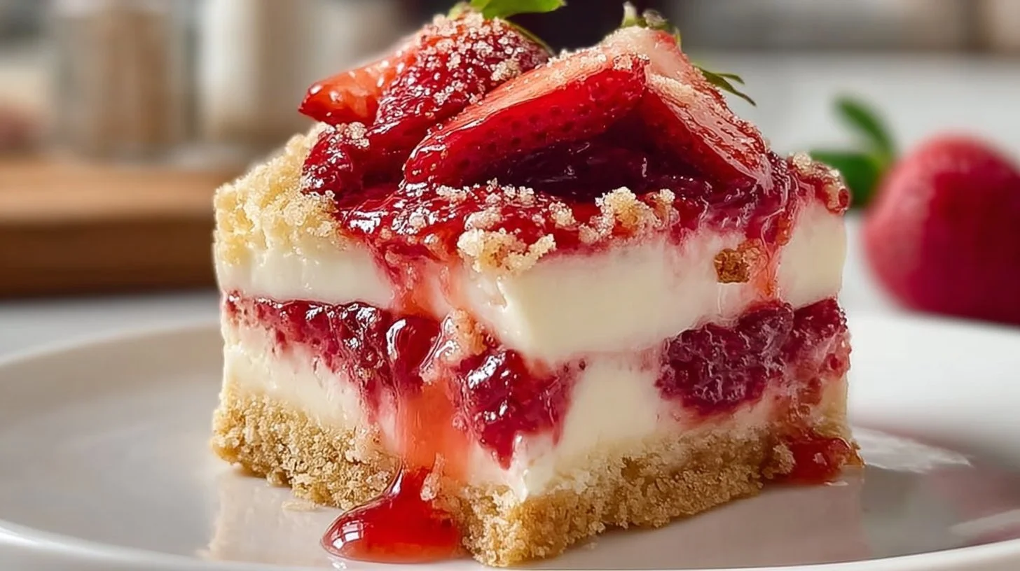 Creamy strawberry cheesecake bars topped with shortcake crumble on a white plate.