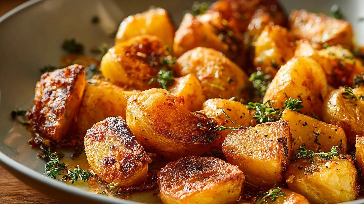 Crispy roasted potatoes golden brown, served in a bowl with herbs.