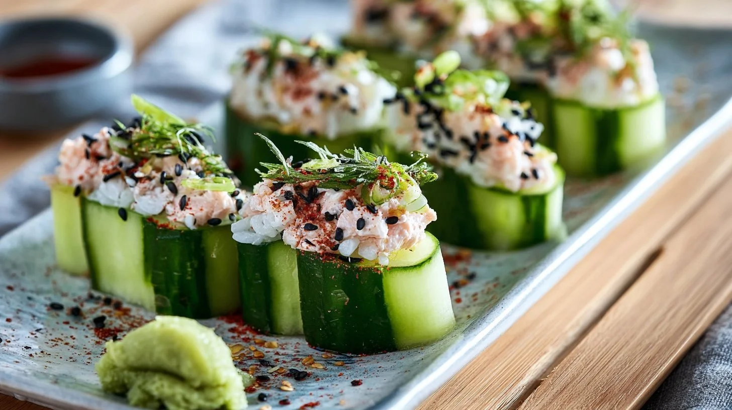Cucumber sushi boats filled with fresh ingredients, ready as healthy party snacks.