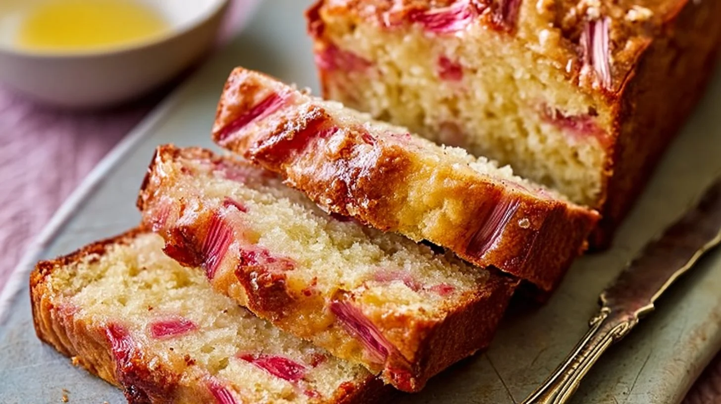 Freshly baked lemon rhubarb bread with zesty flavor, perfect for brunch.