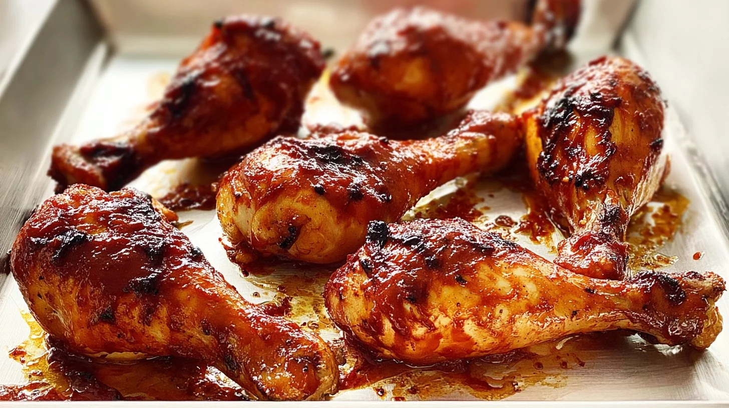 Baked BBQ chicken drumsticks served on a plate for family dinner