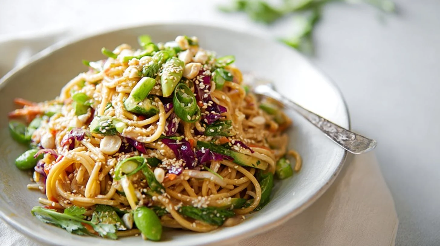A vibrant bowl of cold sesame noodle salad topped with colorful vegetables.