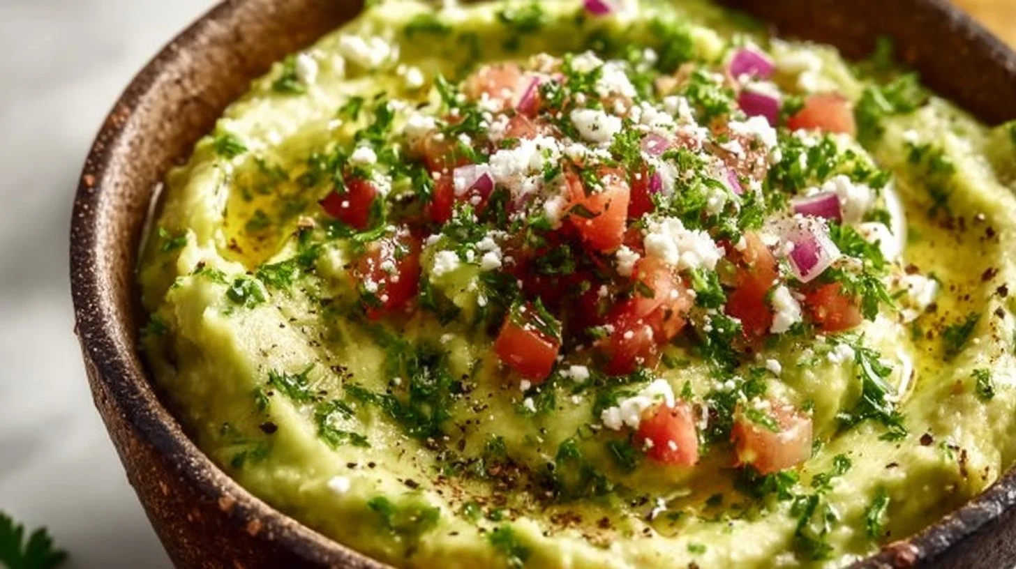 Bowl of easy avocado feta salsa dip with fresh ingredients