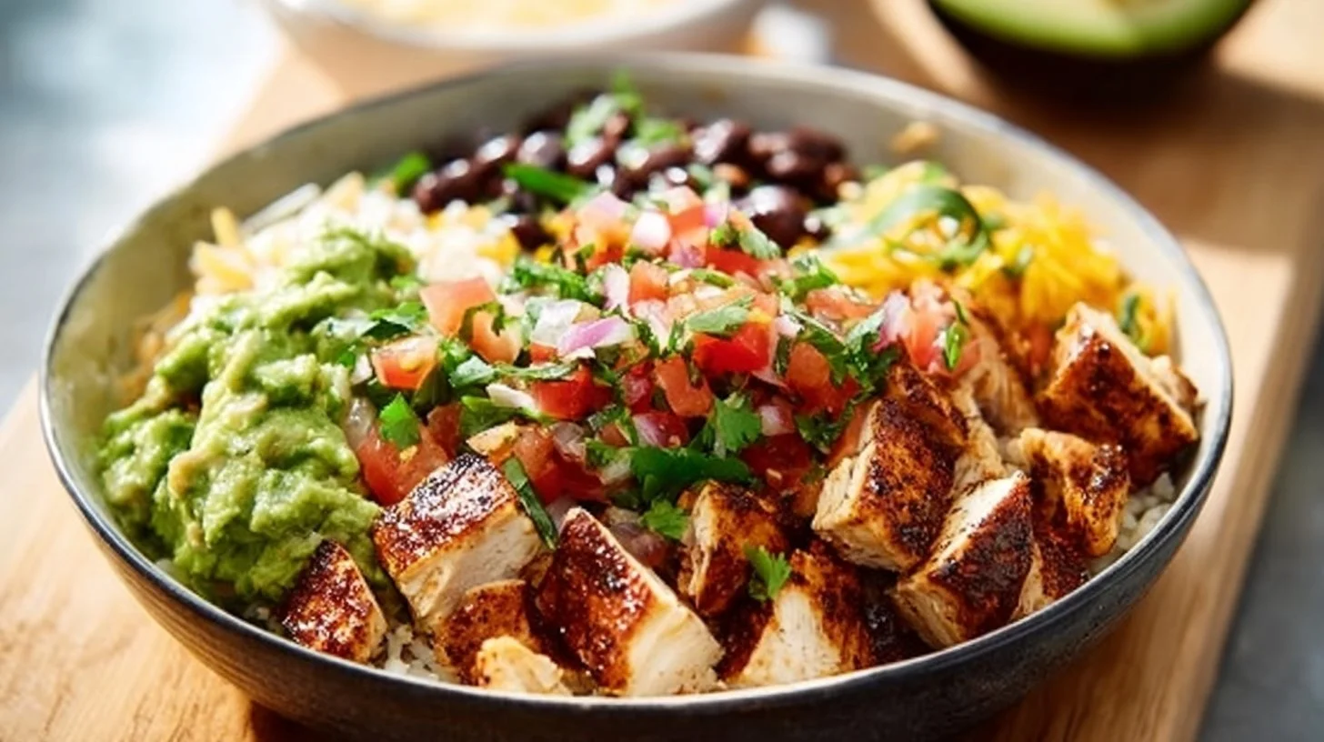 Delicious easy burrito bowls with grilled chicken and avocado salsa