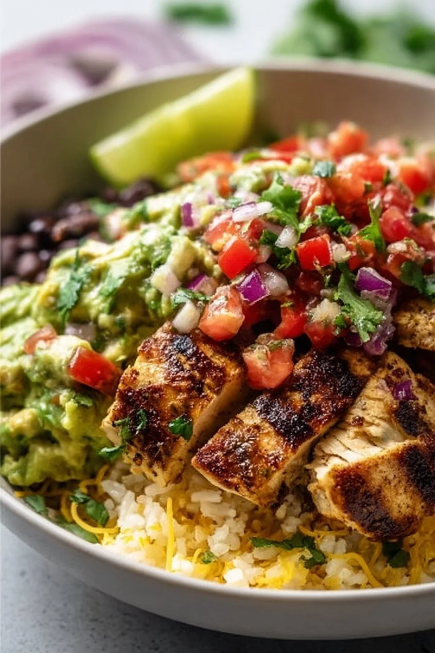 Grilled Chicken Burrito Bowls with Avocado Salsa