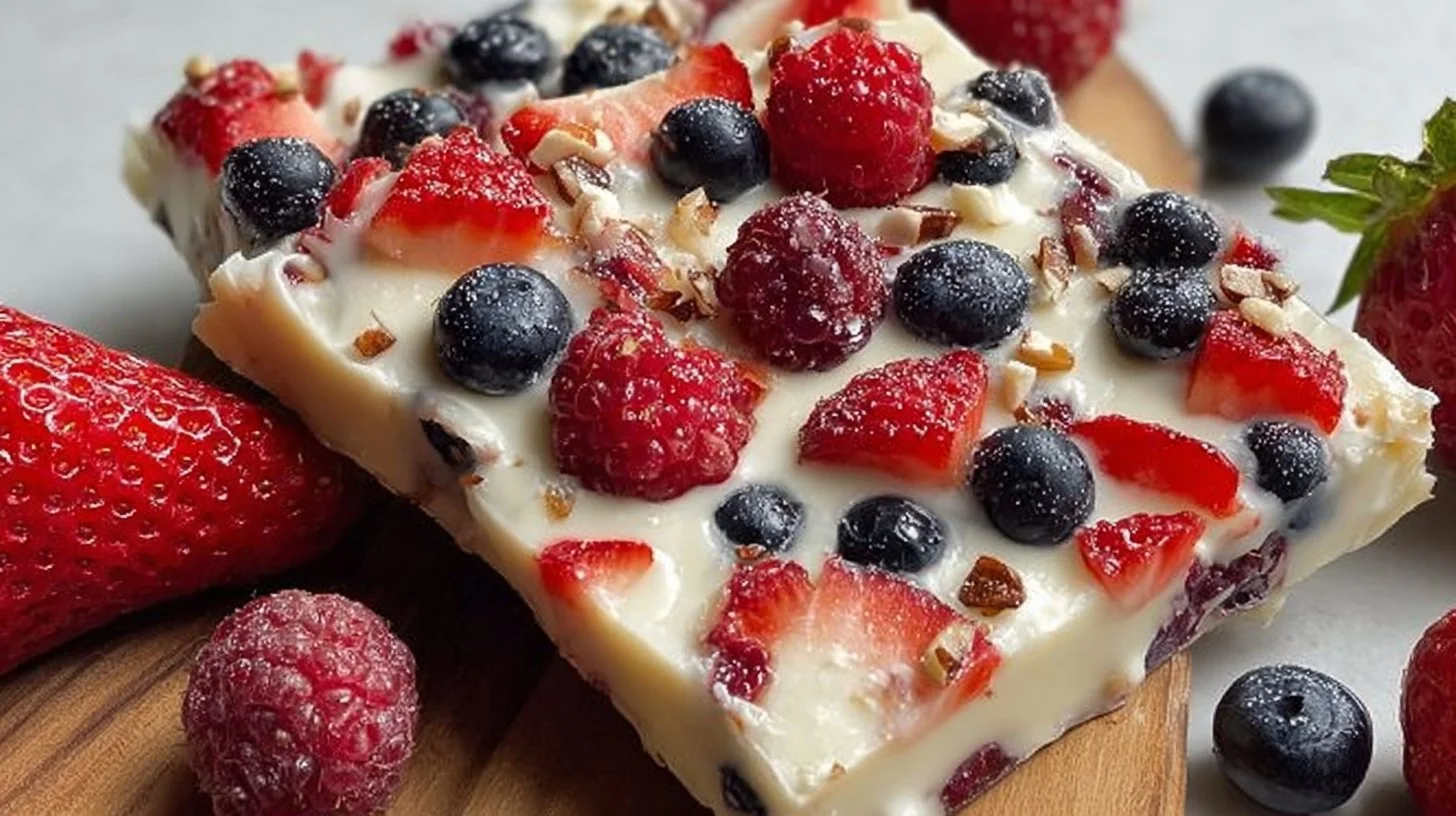 Colorful frozen yogurt bark topped with fresh berries for a healthy snack.
