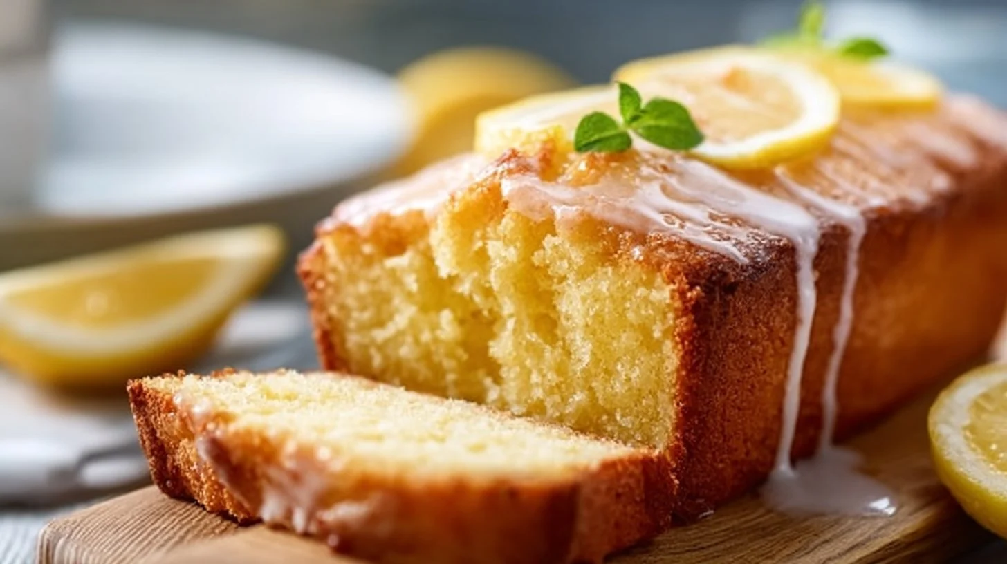 Moist lemon loaf cake slice on a plate with a lemon garnish