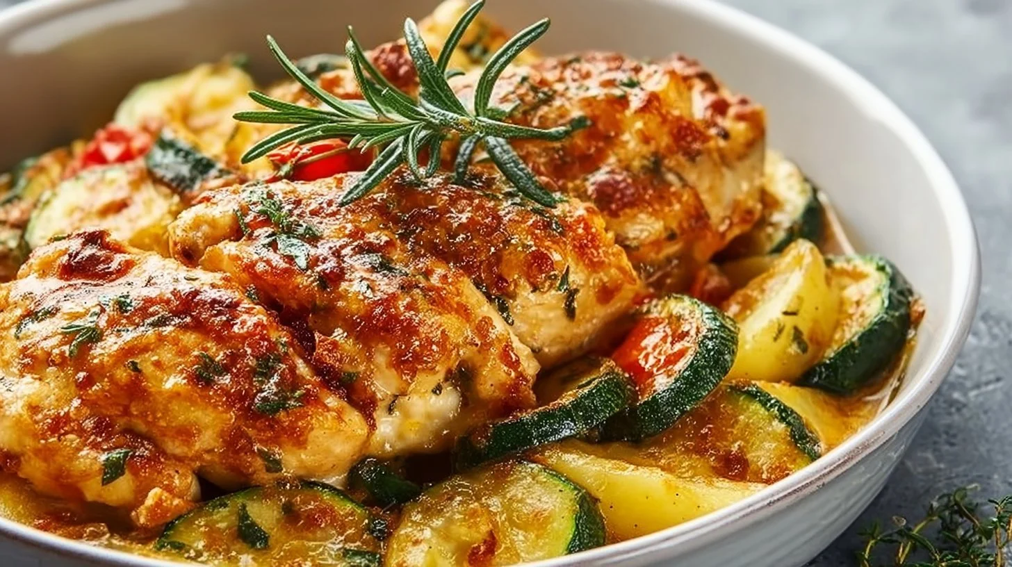 Easy one-pan chicken and courgette dinner recipe on a plate