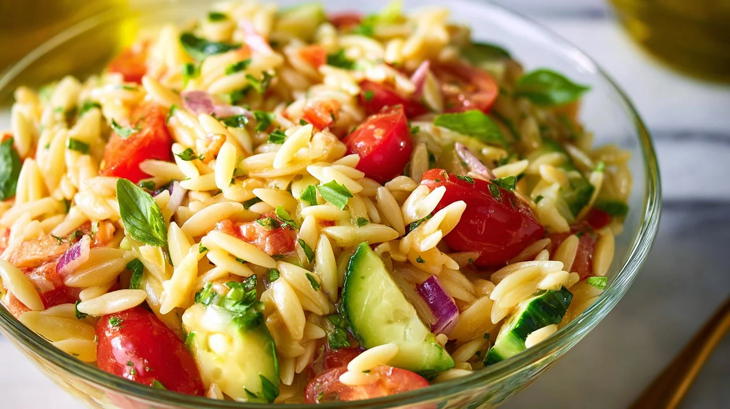Colorful orzo pasta salad with fresh vegetables and herbs, ideal for weeknight meals.