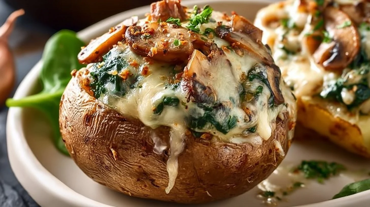 Easy spinach and shiitake stuffed potatoes served on a plate