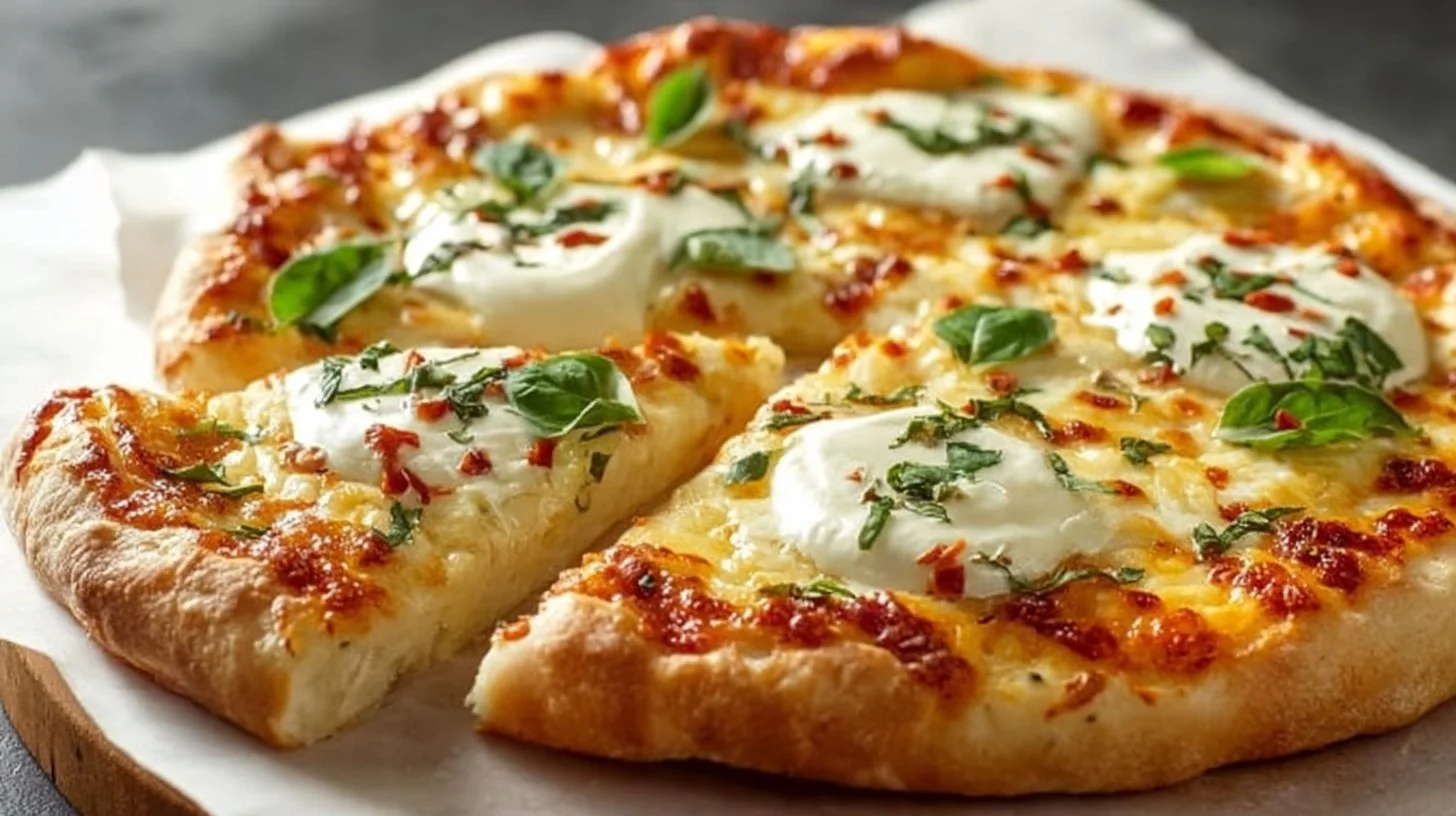 Homemade creamy white pizza topped with fresh ingredients.