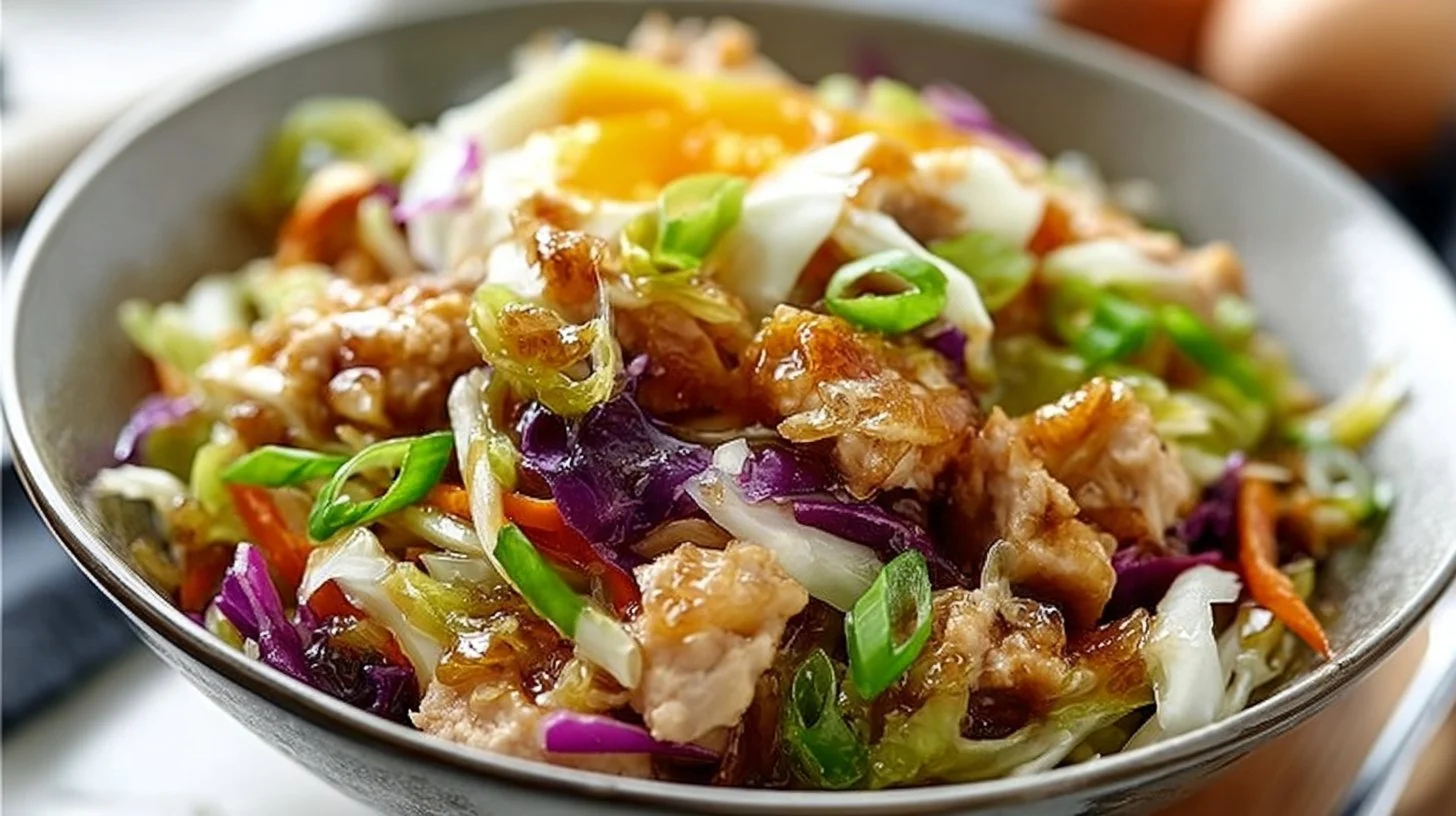 Colorful egg roll bowls filled with fresh ingredients and topped with savory sauces.