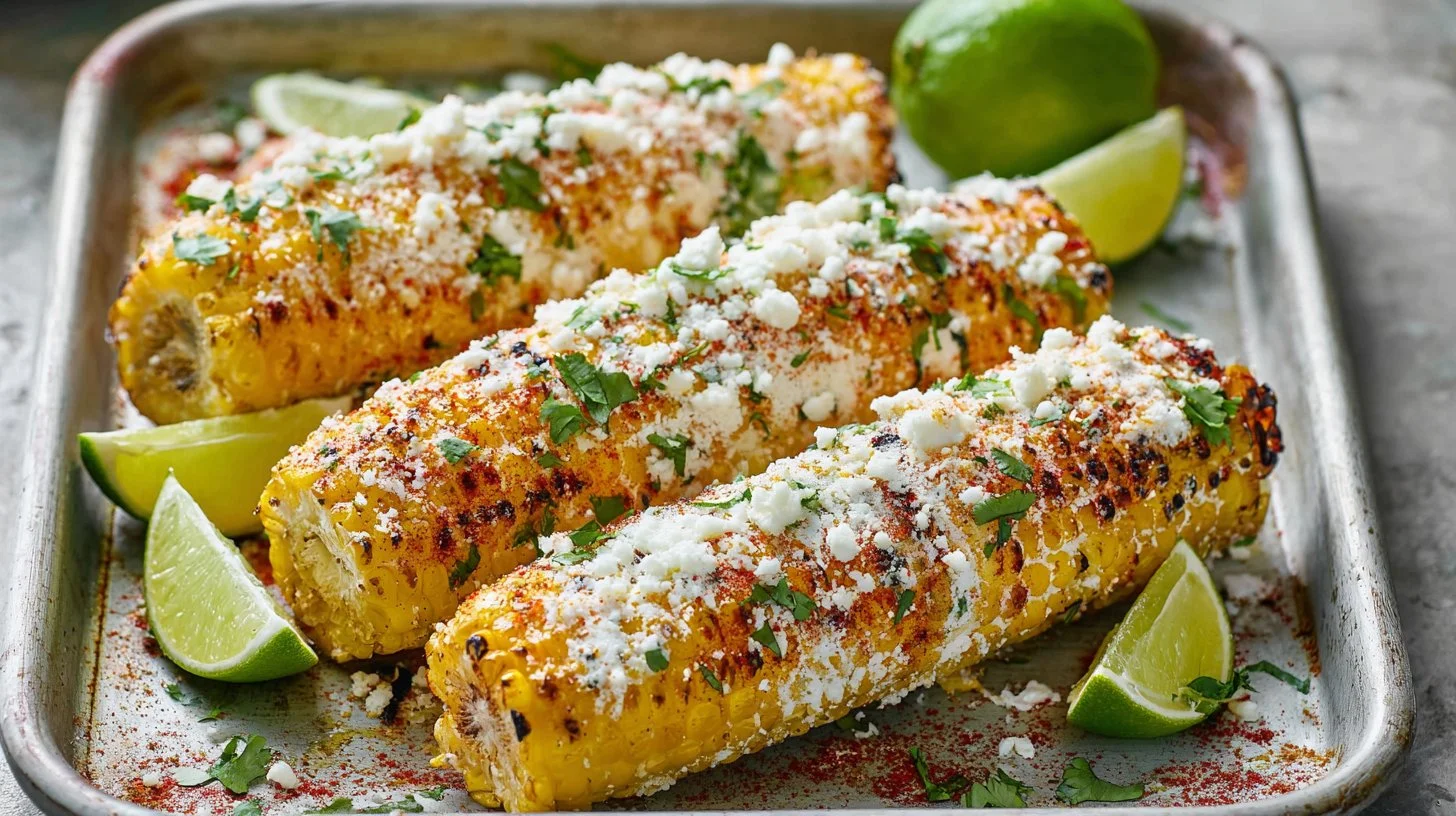 Delicious Mexican street corn (Elote) with toppings, ready to enjoy.