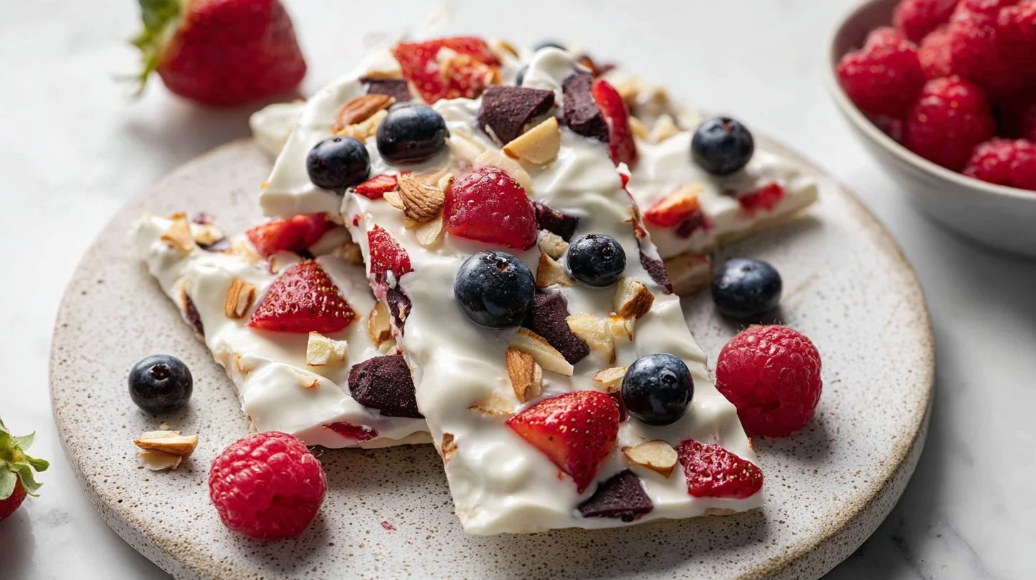 Homemade frozen yogurt bark topped with fresh fruits and nuts