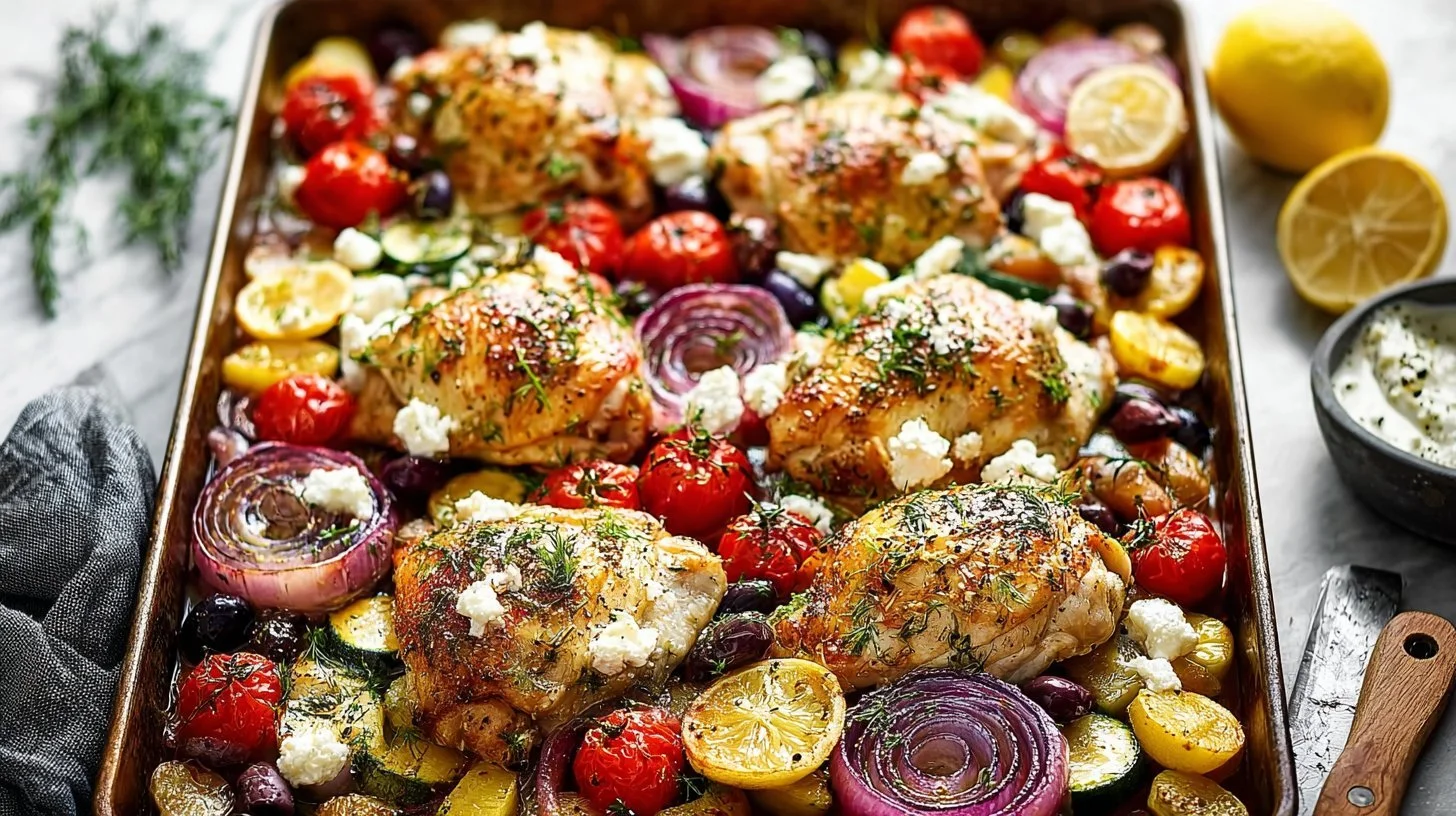 Greek-style sheet pan chicken dinner with lemon and herbs on a baking tray.