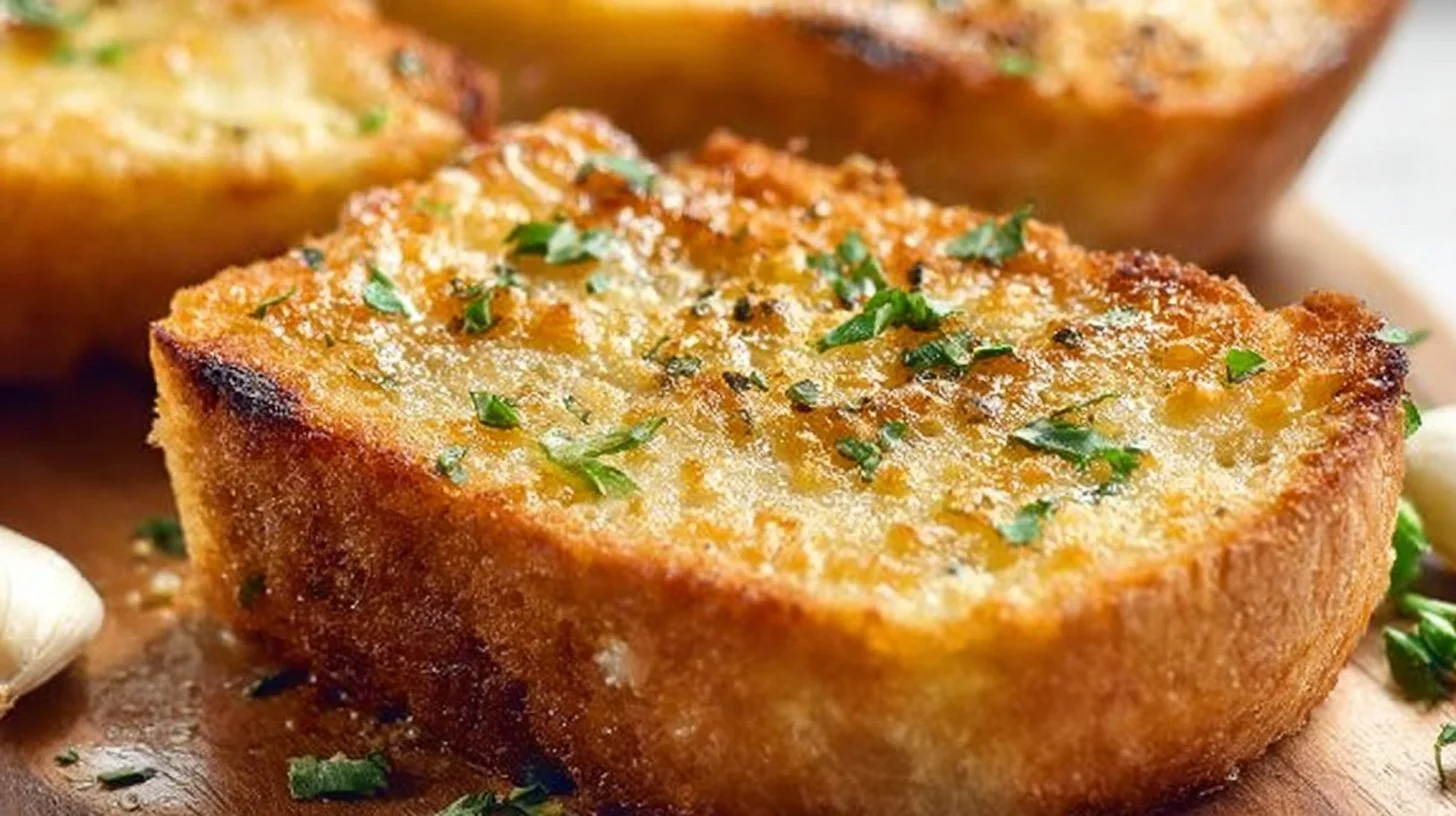 Delicious grilled garlic bread served on a plate, golden and crispy.