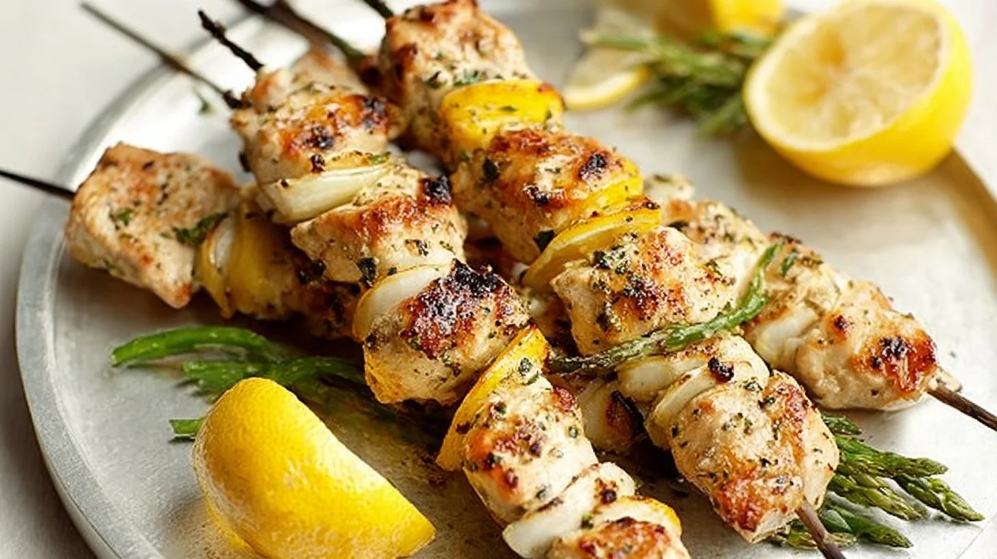 Grilled lemon chicken skewers served on a plate, garnished with fresh herbs.
