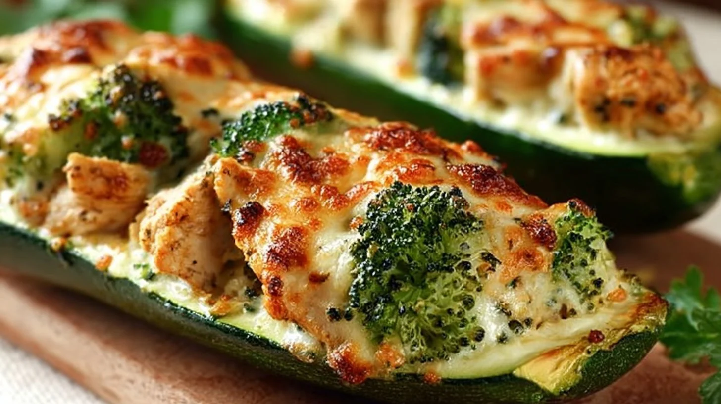 Healthy chicken, broccoli, and zucchini boats served as a low-carb dinner recipe