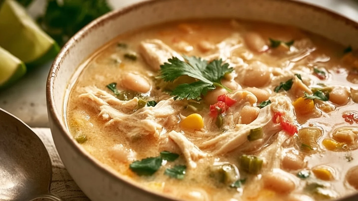 Bowl of hearty white chicken chili with toppings, perfect family dinner dish
