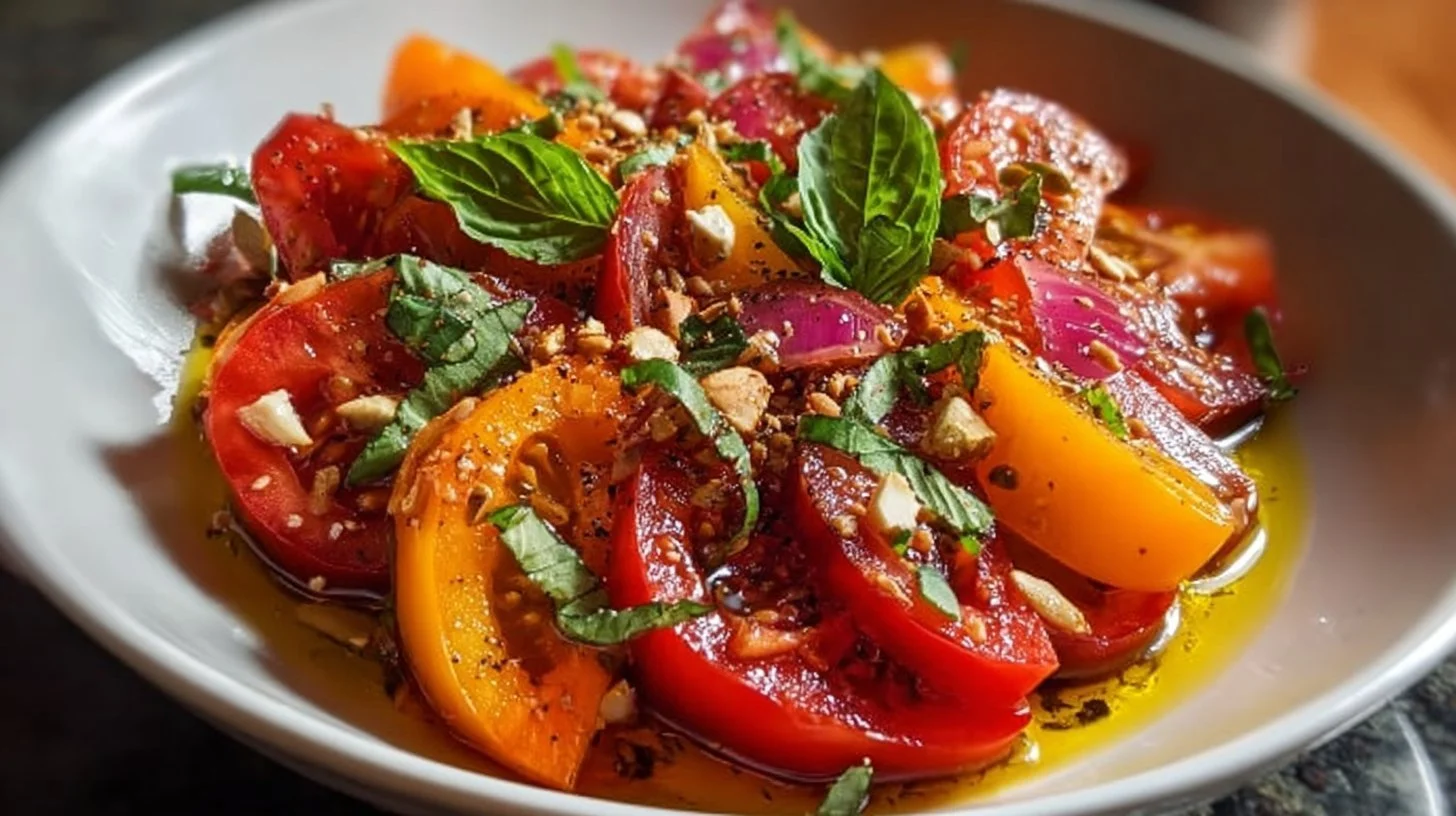 Bright and colorful heirloom tomato salad with fresh ingredients