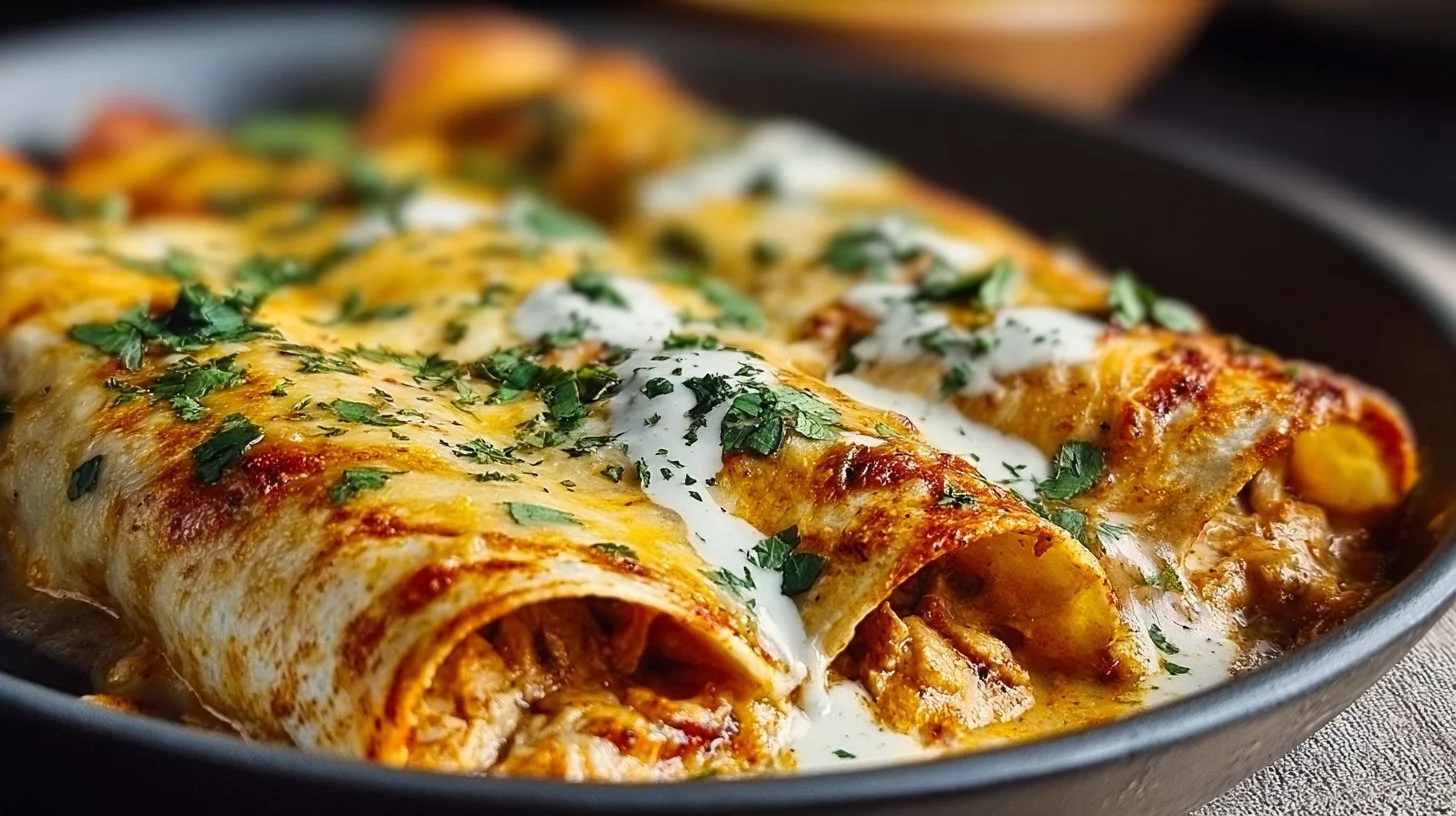 Delicious high-protein chicken enchiladas served with fresh toppings