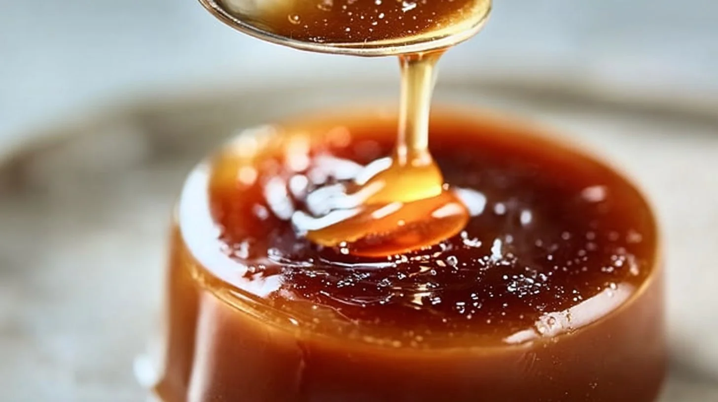 Homemade salted caramel sauce drizzling over a chocolate dessert