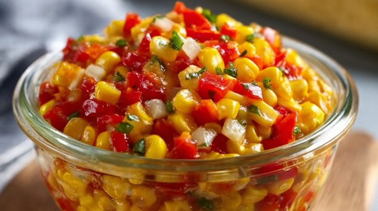 Tangy sweetcorn and red pepper relish served in a jar, perfect for summer dishes.