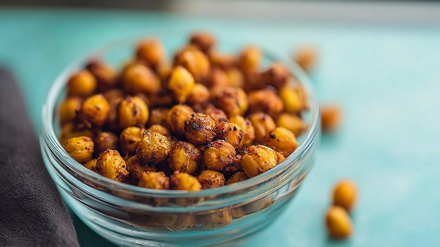 Air fryer crispy chickpeas served in a bowl, a healthy and crunchy snack.
