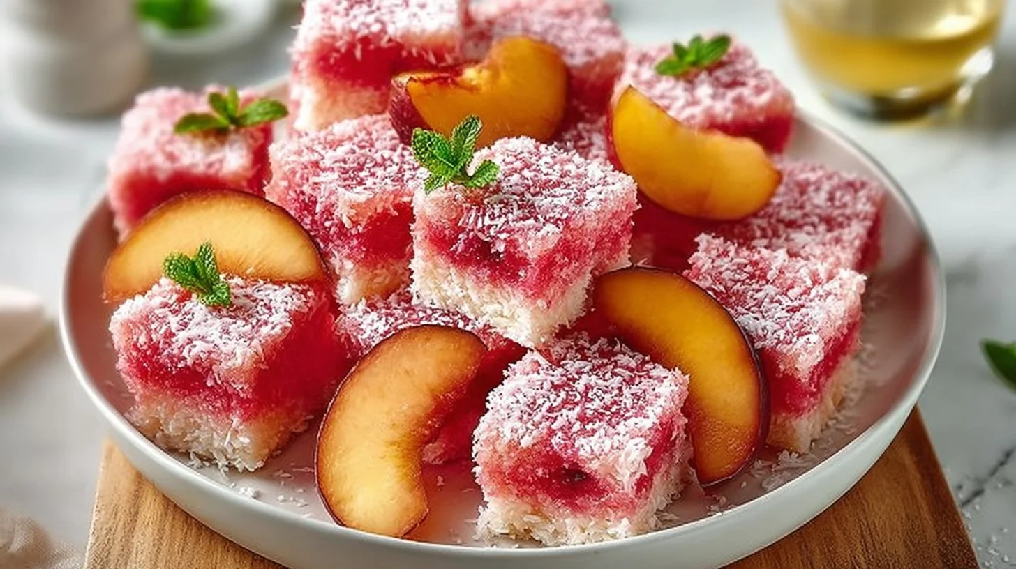 Rosy coconut snowball dessert bars on a plate, ready to serve.