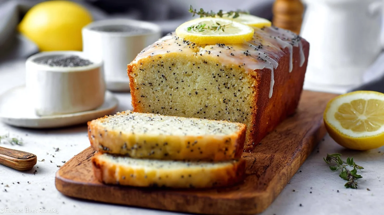 Freshly baked lemon poppy seed loaf with lemon zest and poppy seeds