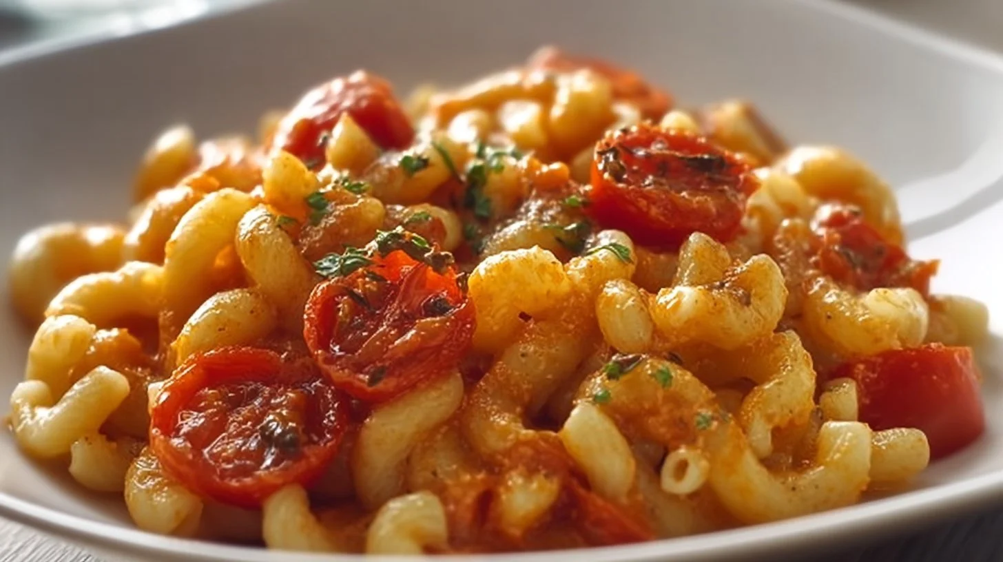 Plat de macaroni fumé avec tomates, un dîner rapide et savoureux en famille