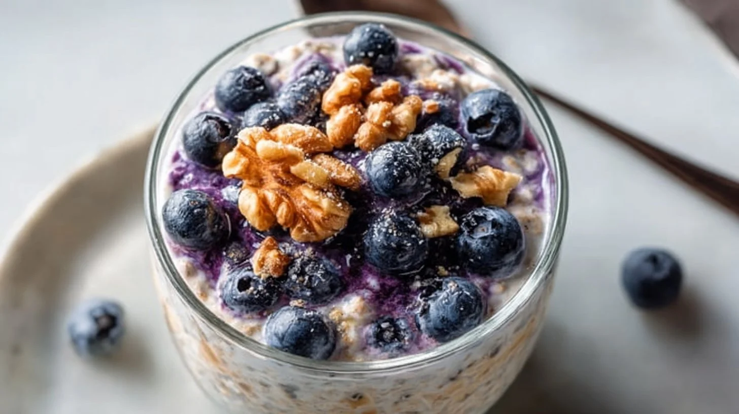 Make-ahead oats with blueberries served in a glass jar for a healthy breakfast