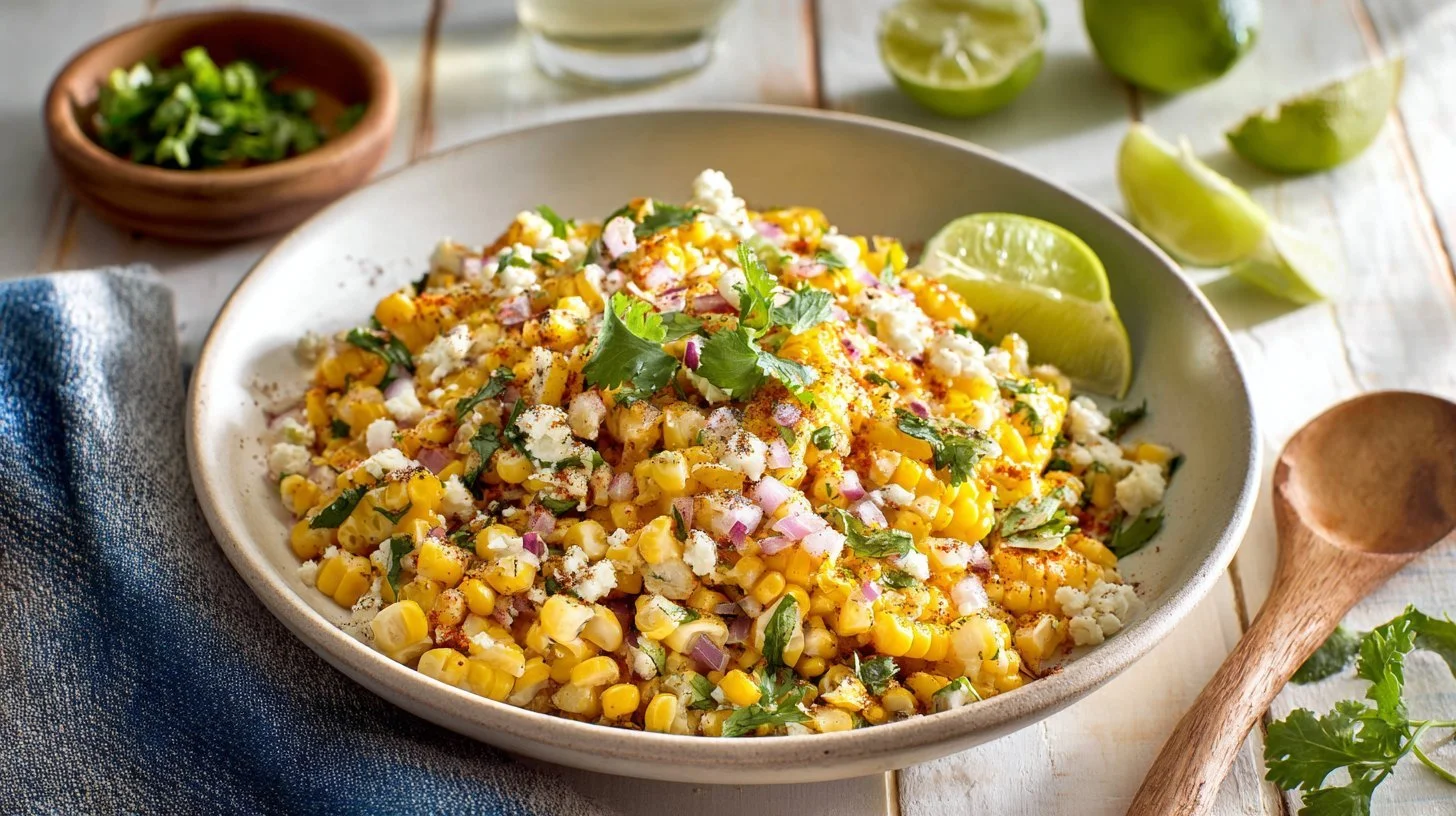 Vibrant Mexican Street Corn Salad topped with cilantro and lime.