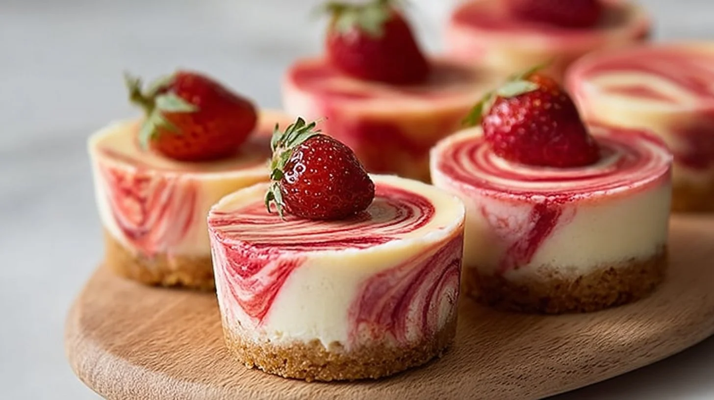 No-bake strawberry swirl mini cheesecakes with fresh strawberries on top