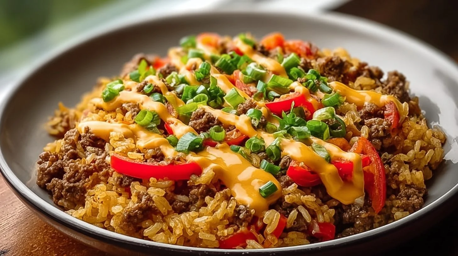 One-Pot Cajun Beef Rice dish topped with cheese in a skillet