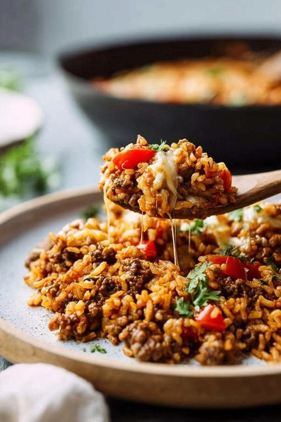 One Pot Cheesy Cajun Beef Rice