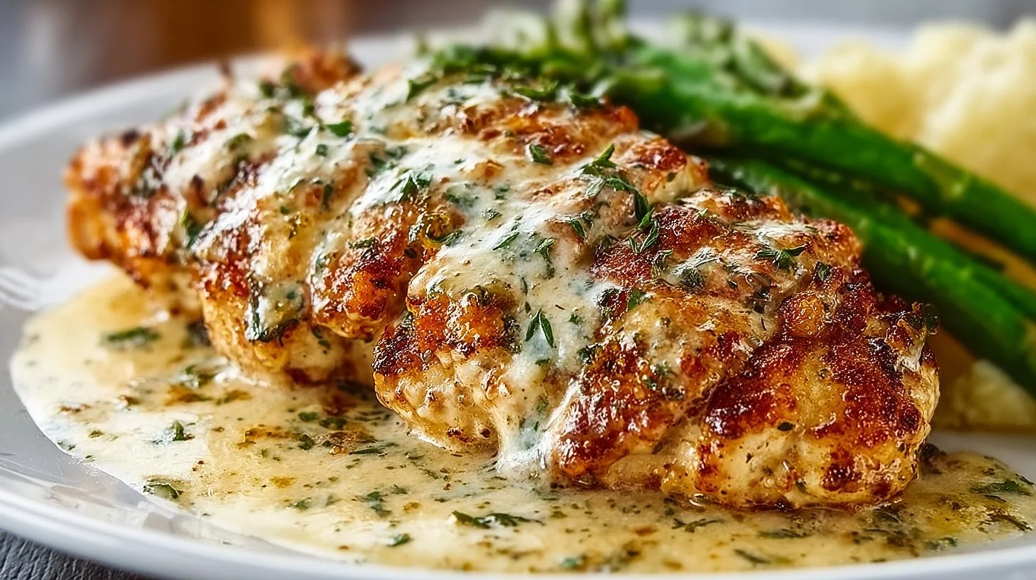Creamy Parmesan Garlic Chicken dish served with herbs