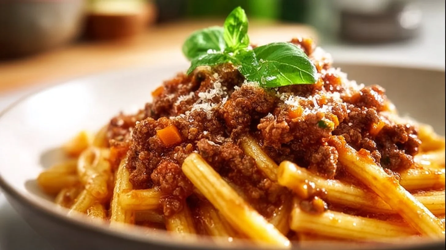 Delicious bowl of Pasta Bolognese garnished with herbs and parmesan cheese