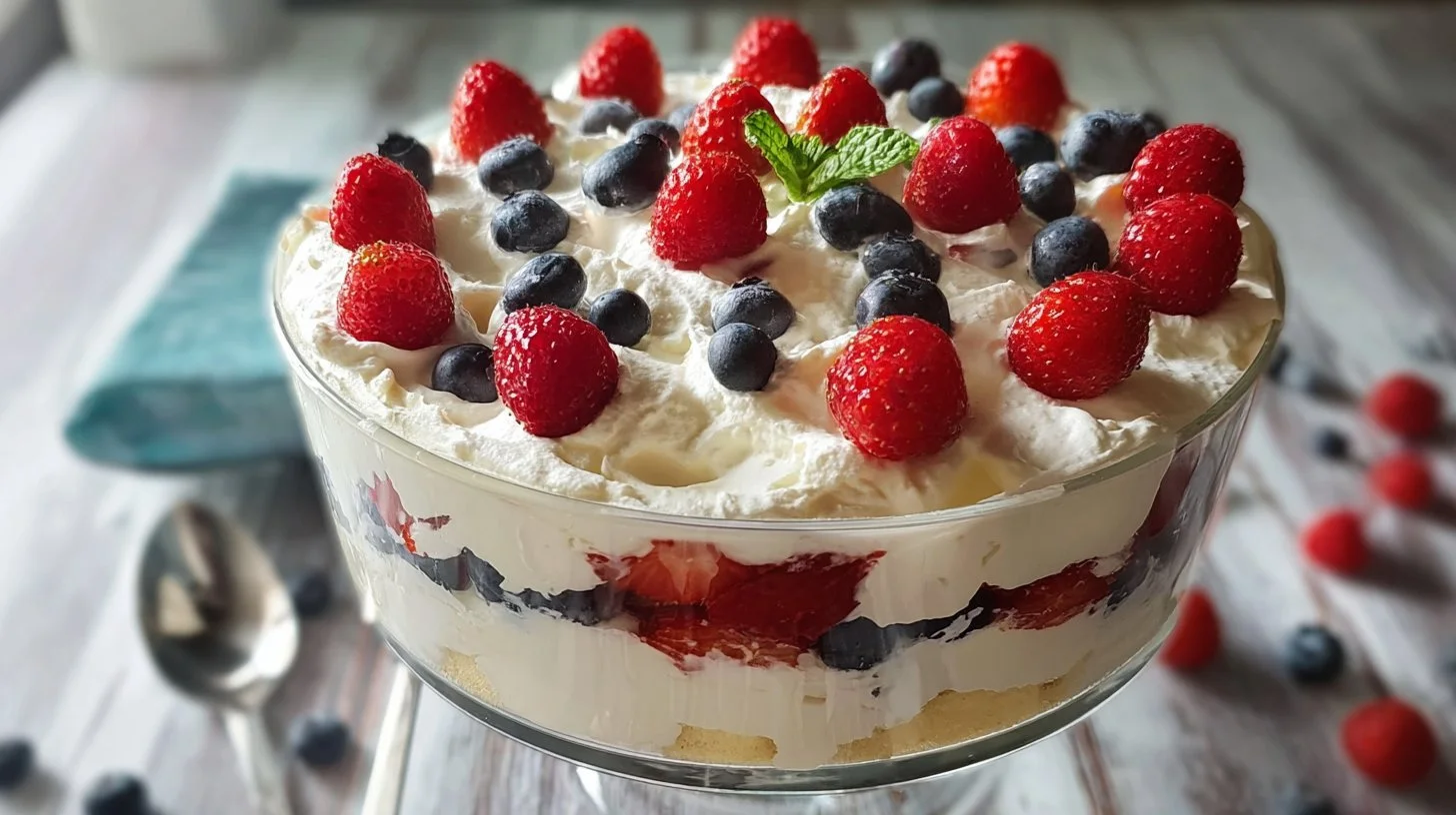 Patriotic berry trifle dessert with layers of red berries, white cream, and blue blueberries.