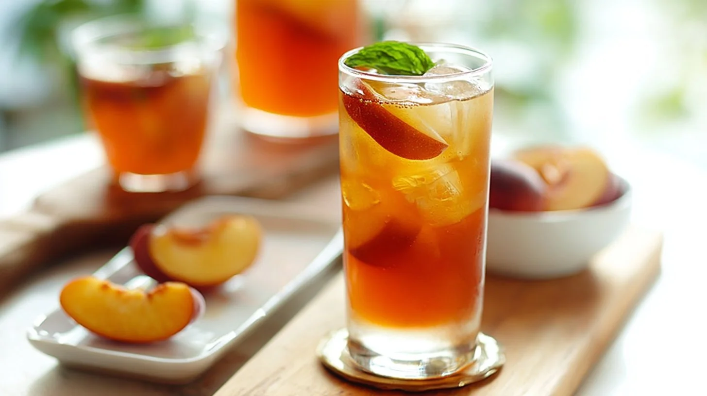 Glass of perfect peach iced tea garnished with fresh peaches and mint leaves