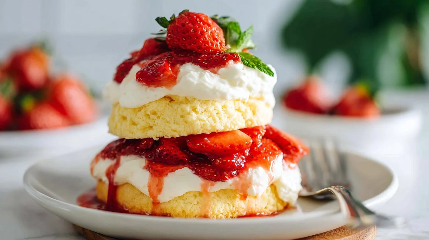 Delicious homemade strawberry shortcake served with fresh strawberries and whipped cream.